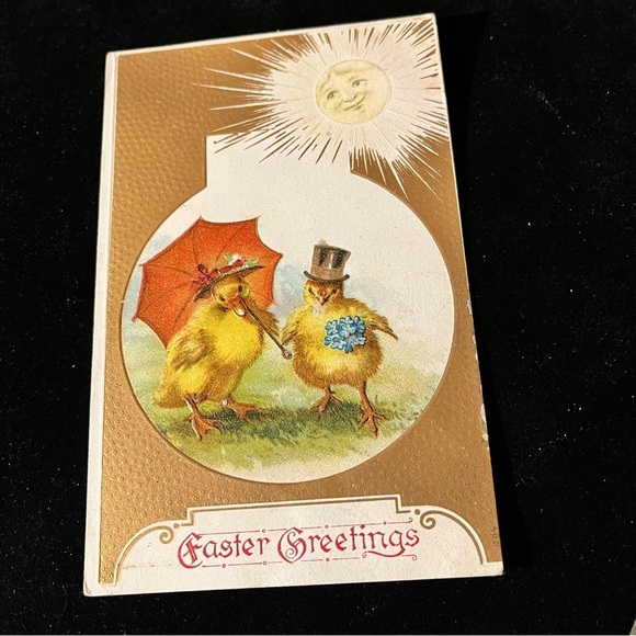 Vtg Easter Postcard Anthropomorphic Sun & Chick Couple Flowers Umbrella Top Hat - Picture 4 of 6